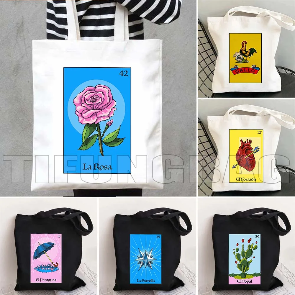 El corazón estrella azteca paraguas sandía ROSA Loteria mexicana Bingo tarjeta arte impresión regalo Shopper lona bolso de mano bolsos de algodón