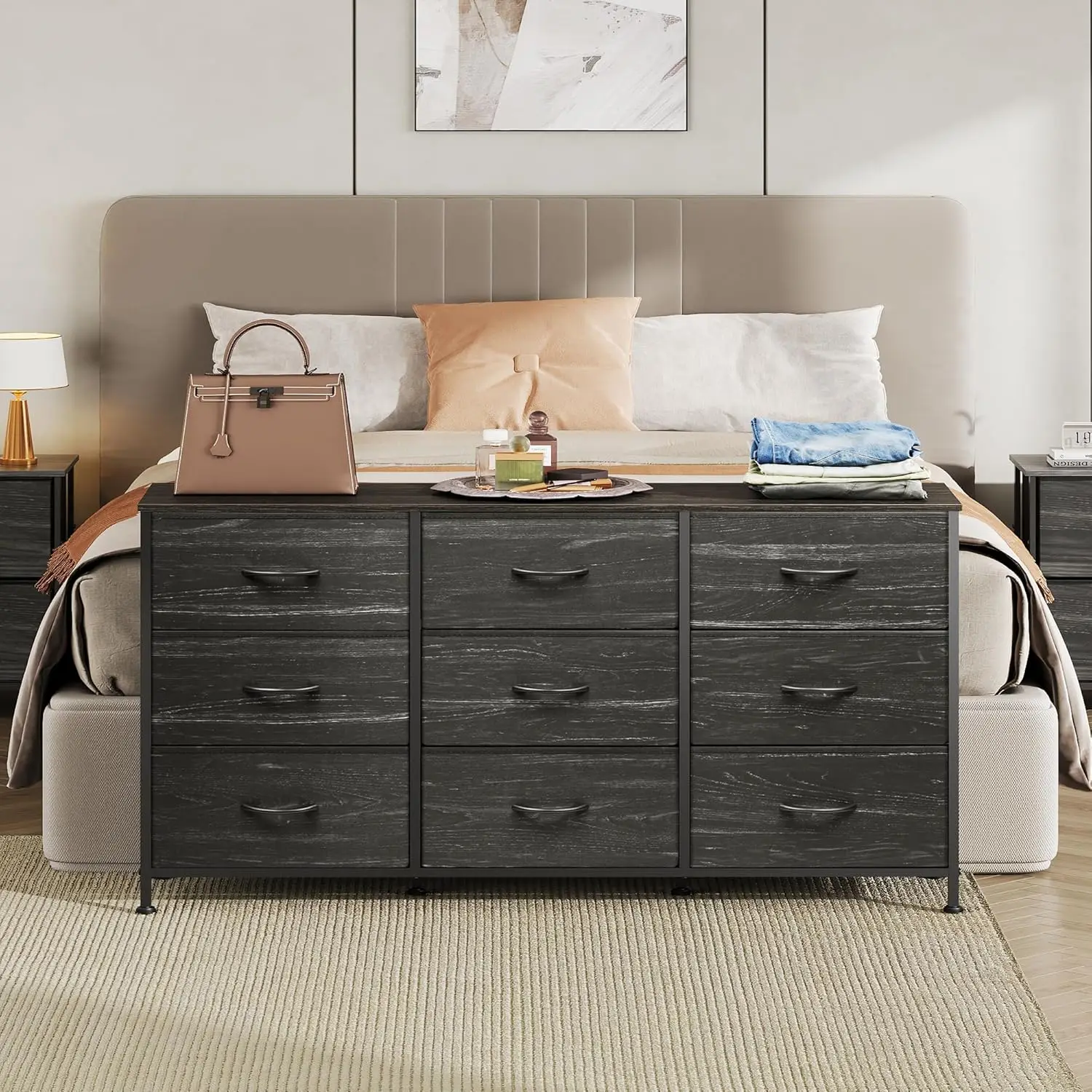 خزانة غرفة نوم سوداء بعرض 47 بوصة مع حامل تلفزيون لأجهزة التلفاز مقاس 45-55 بوصة، تتميز بـ 9 أدراج للتخزين الكافي