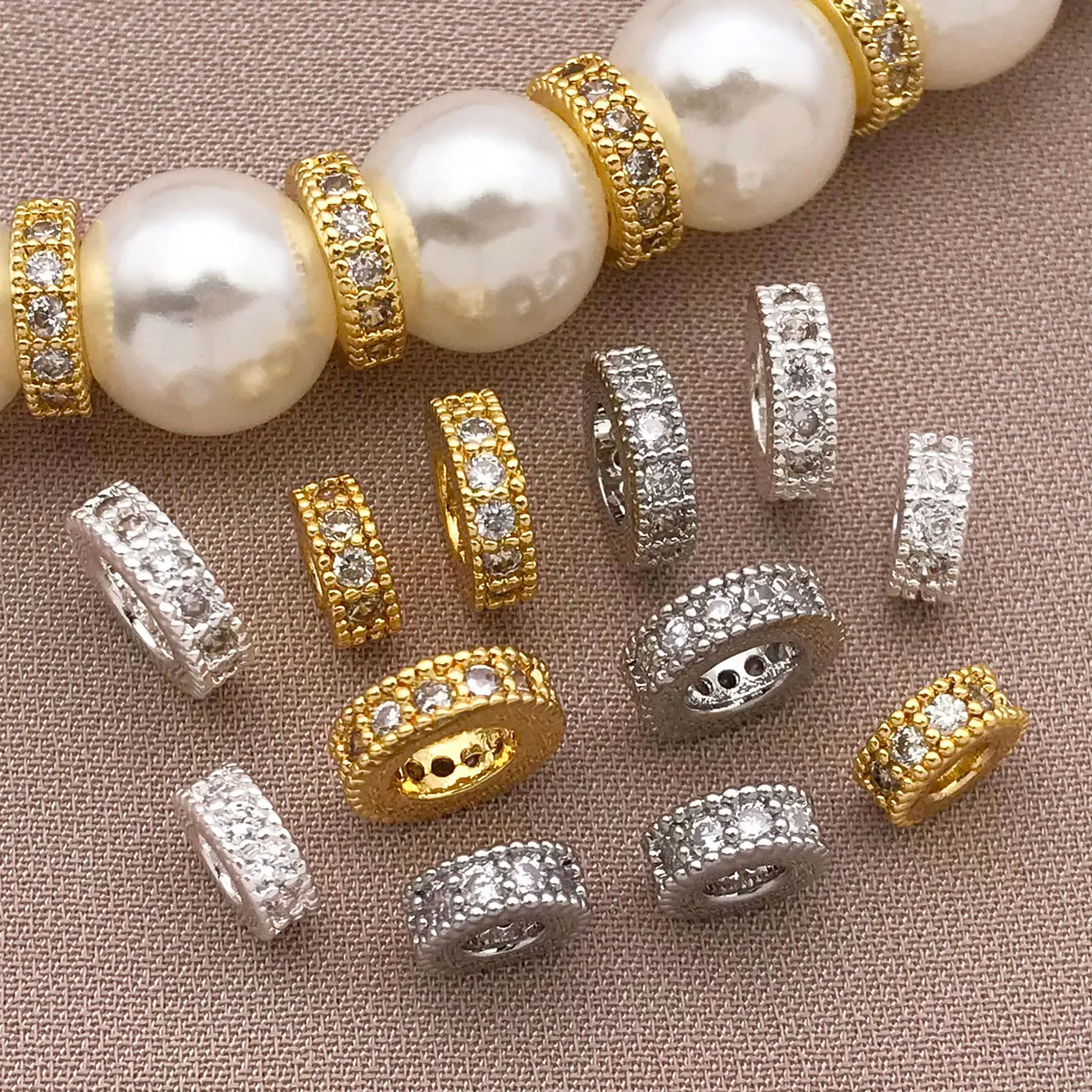 Mix 3pcs 18K Copper Plated Real Golden Thick Silvery White Golden With Zircon Spacer, DIY Jewelry Making Accessories image 2