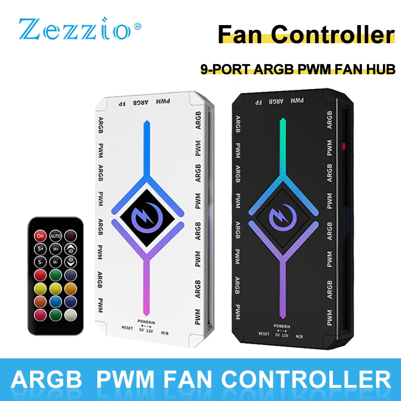 Zezzio Z-H8 9포트 ARGB&PWM 허브 5V 3핀/12V 4핀 PWM 컴퓨터 케이스 팬 멀티 웨이 스플리터 SATA 전원 리모컨 포함