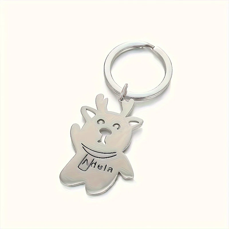 Personalized Christmas Keychain Gold Stainless Steel Reindeer Design Customized Any Photo Hand Draw Fashion Christmas Decoration