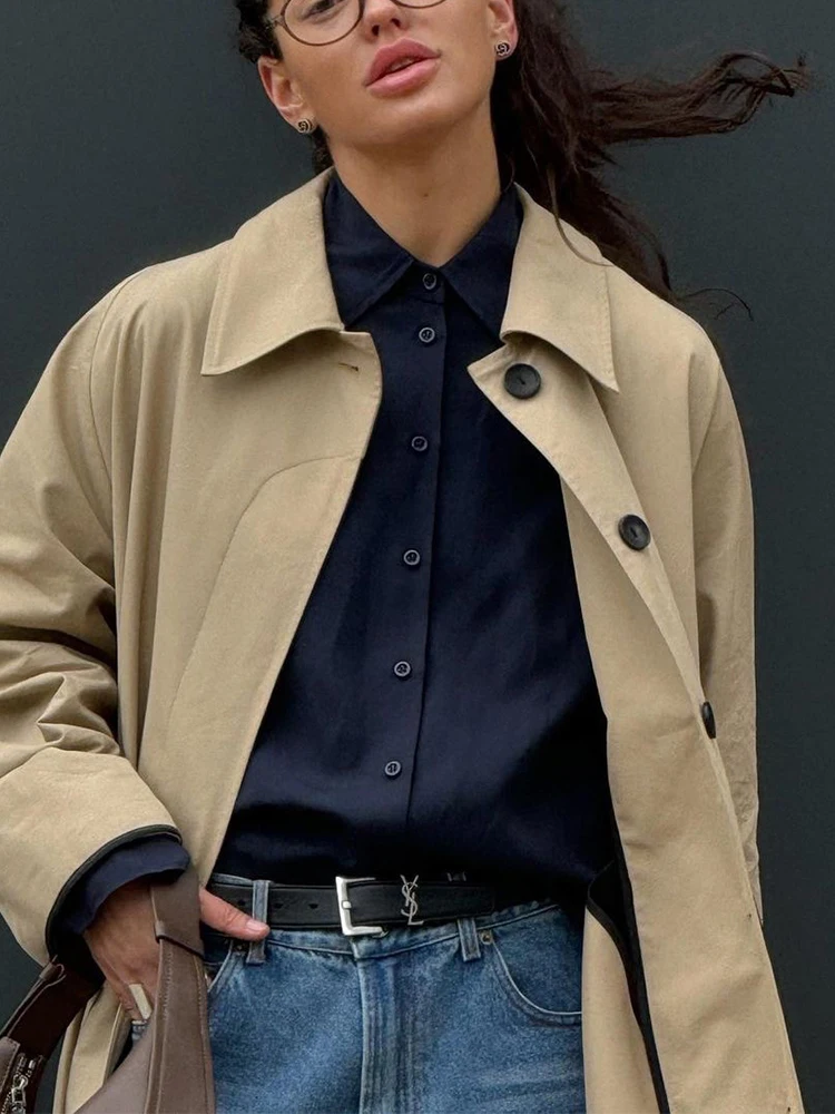 

Tylish Beige Oversized Trench Women's Coats Fashion Long-sleeve Button-up Draped Jackets 2025 Autumn High Street Outerwears