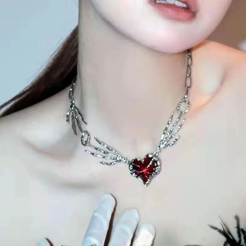 Gothic Red Peach Heart Pendant Necklace For Women Girls Sliver Ghost Claw Love Short Choker Punk Clavicle Chain Halloween Gifts