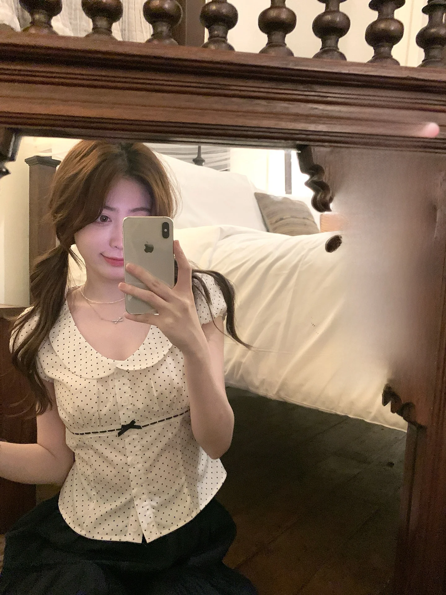 

Женская футболка PtonUmi с коротким рукавом и воротником-стойкой в горошек, ранневесенний красивый топ, фантастическая футболка в милом стиле с рукавами-фонариками