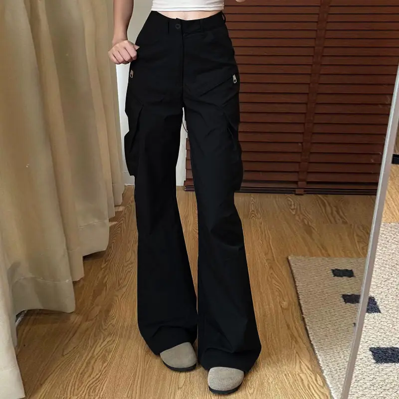 American Style Vintage Summer Woman Clothing Solid Cargo Pants Harajuku Fashion High Waist Casual Loose Wide Leg Flare Trousers