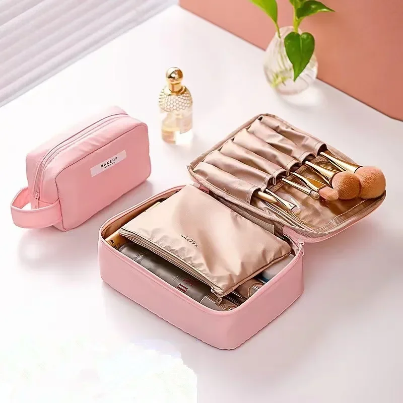 Women Makeup Bag, Large Capacity Cosmetic Bag with Makeup Brush Pocket Multi Compartment Portable Travel Storage Pouch