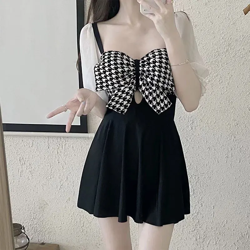 Elegant Fashion Harajuku Slim Fit Female Clothes Loose Casual All Match Bathing Suits Flounce Bow Short Sleeve One Piece Skirt