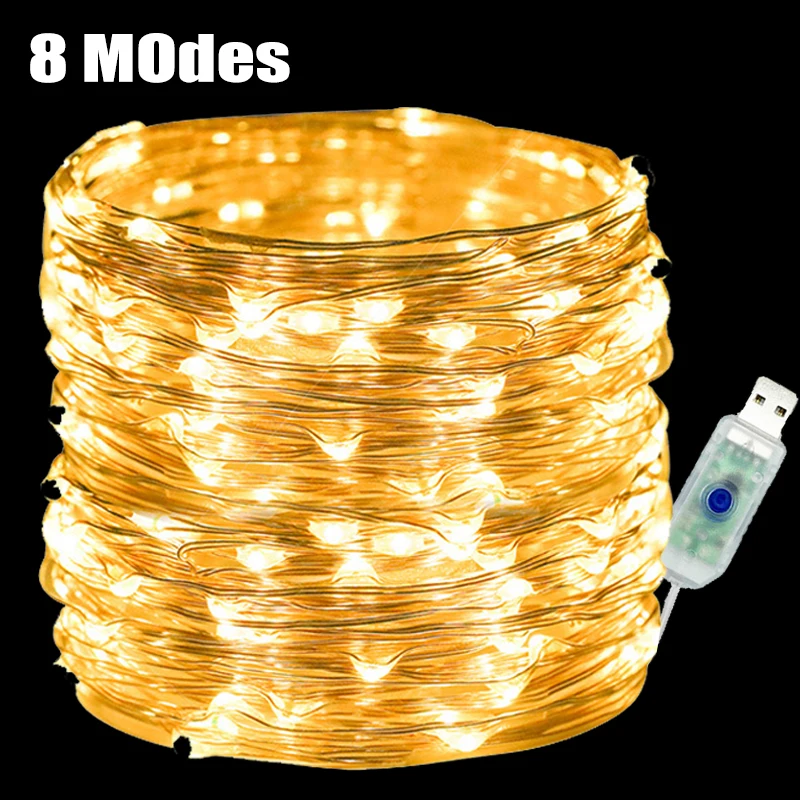 USB Copper Wire Fairy Lights, Guirlanda impermeável, Luz Cordas, Casamento, Natal, Home Party Decoração, Iluminação, 100LED, 8 Modos