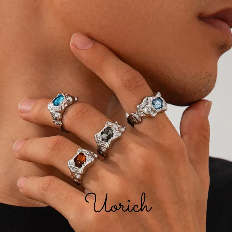 Uorich Euramerican Fashion Personality Pleated Lava Metal Gemstone Ring Suit for Men Stainless Steel Irregular Ring Jewelry