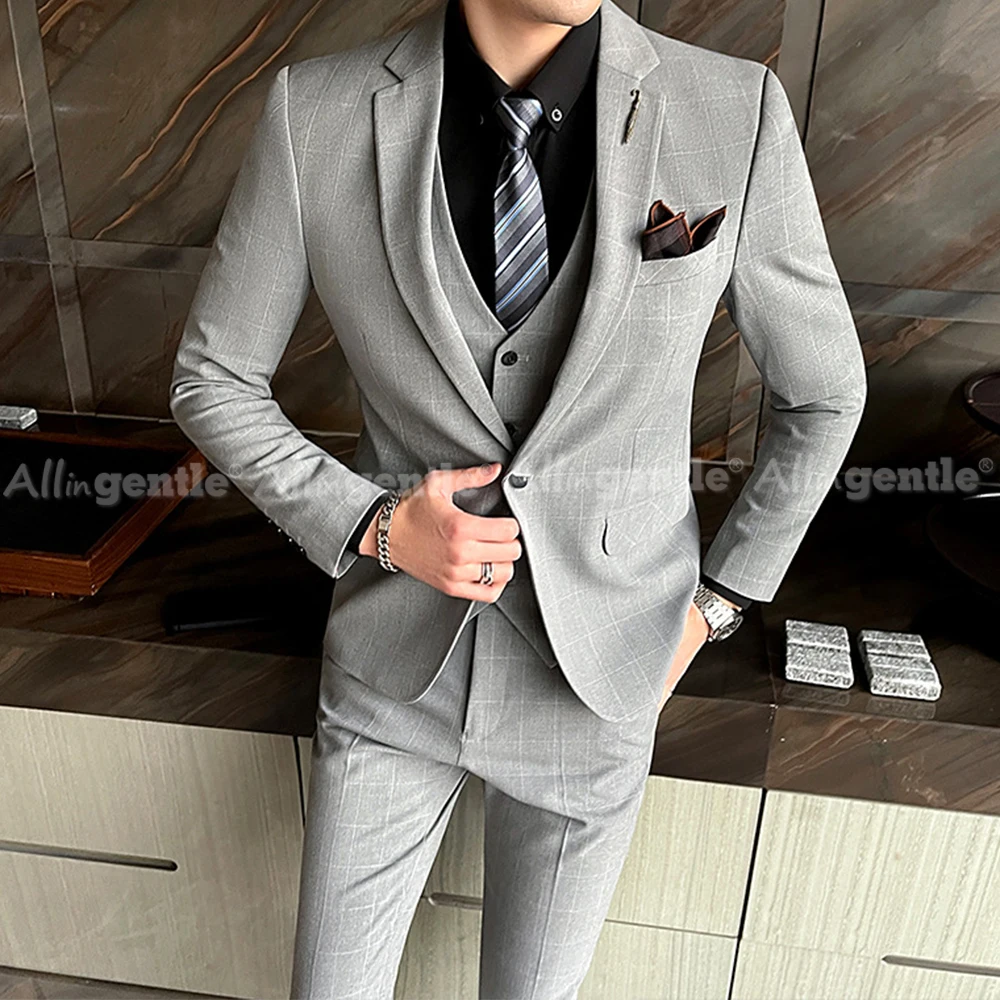 بدلات زفاف رجالية فاخرة كلاسيكية مكونة من 3 قطع منقوشة بقصة ضيقة وياقة مدببة مع زر إغلاق واحد