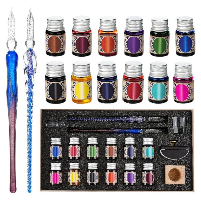 Beginner Dip Pen Set Includes 12 Colorful Bottles Set Glass Dip Pen for Adults Student Gift H8WD