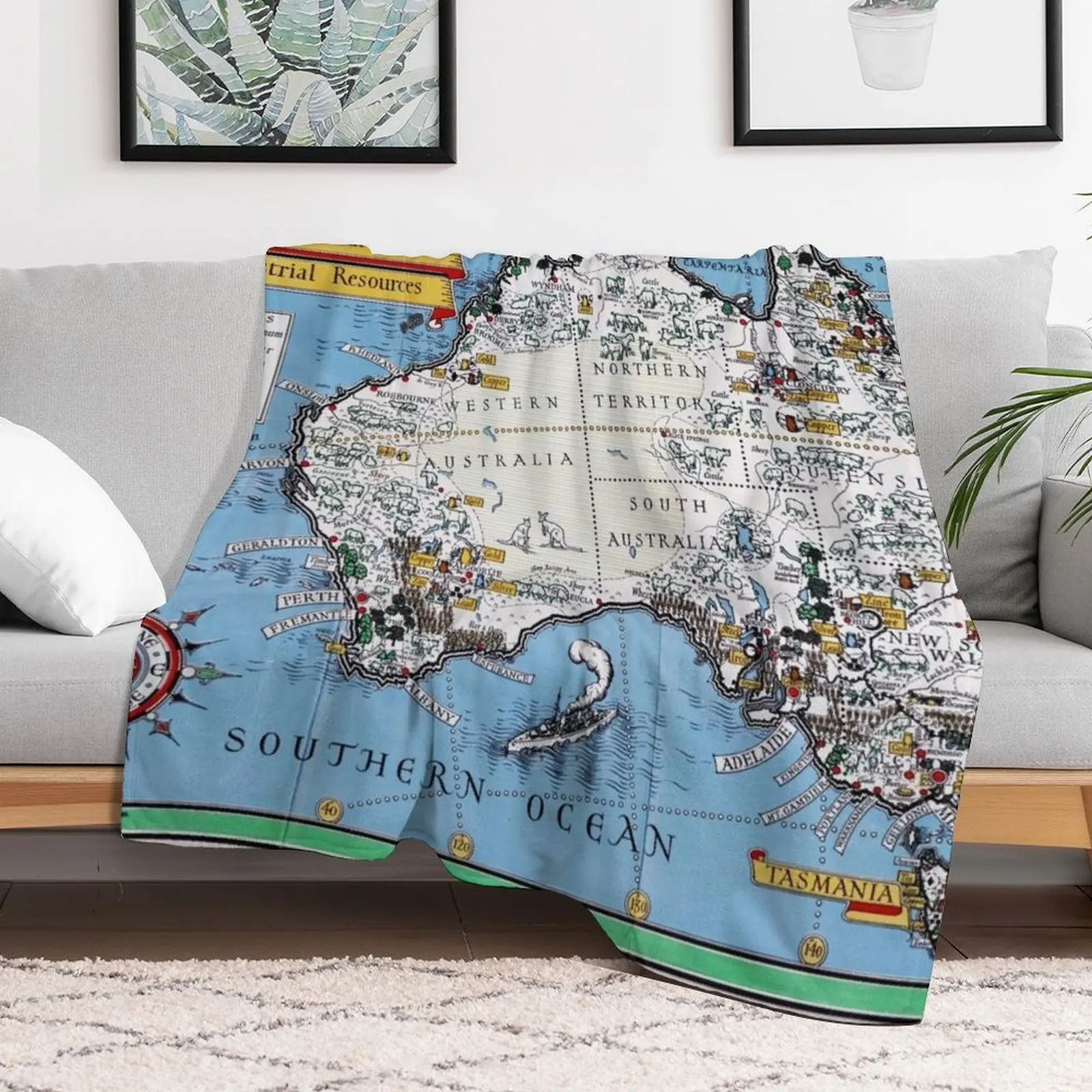 Pictorial Map Print of Australia, her natural and industrial resources by MacDonald Gill (1942) Throw Blanket