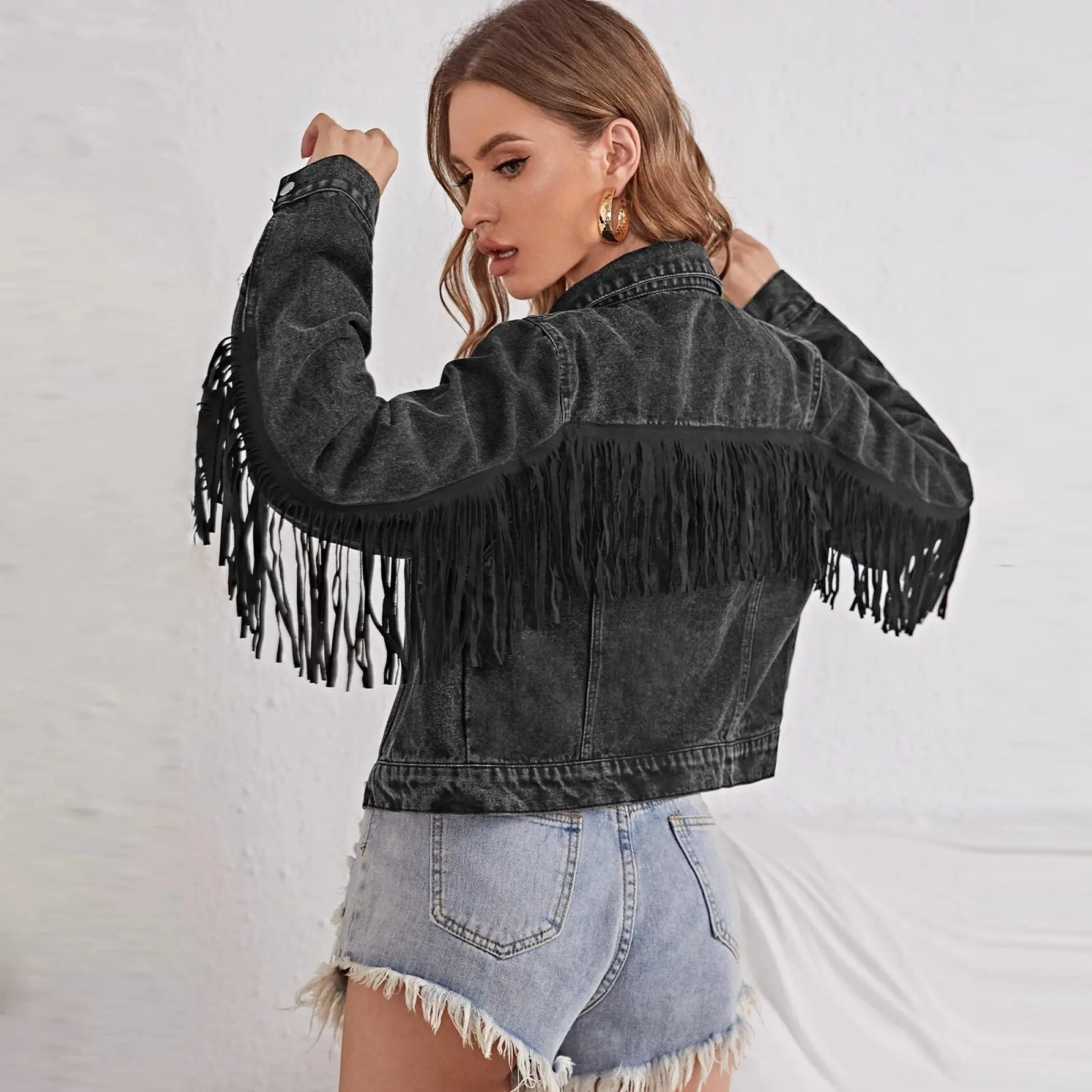  New Style Fringed Short Jacket Coat Women's Denim Vintage Outerwear Cleanfit Gsc3Mro5T Autumn Season Bright Surface
