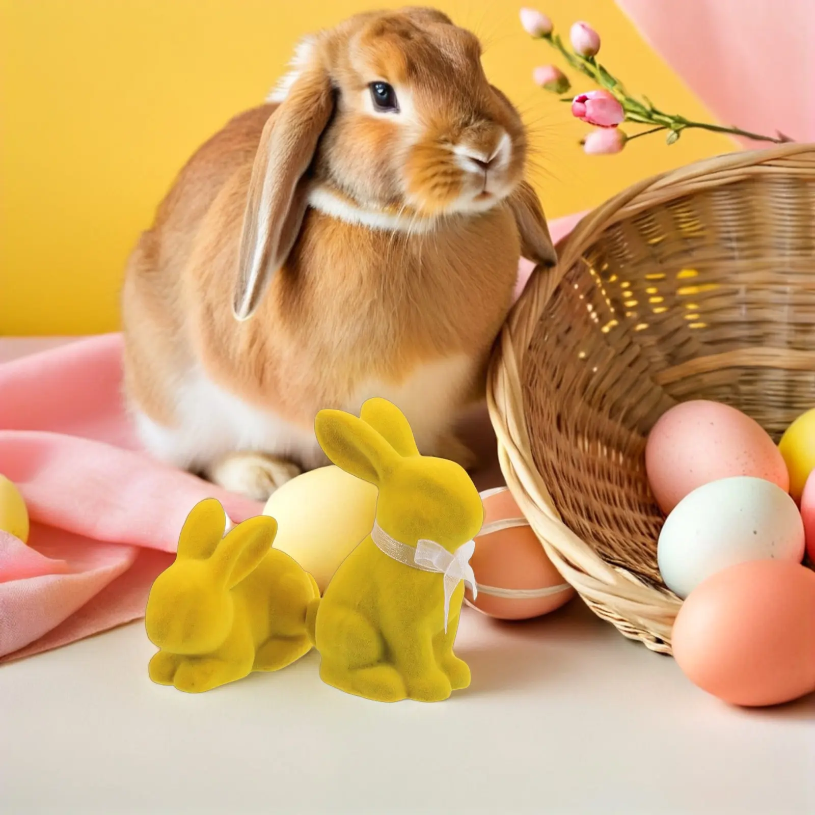 2Pcs Flocked Easter Bunny Ornaments Resin Moss Rabbits Cute Indoor Spring Tabletop Decor Easter Party Centerpiece Home