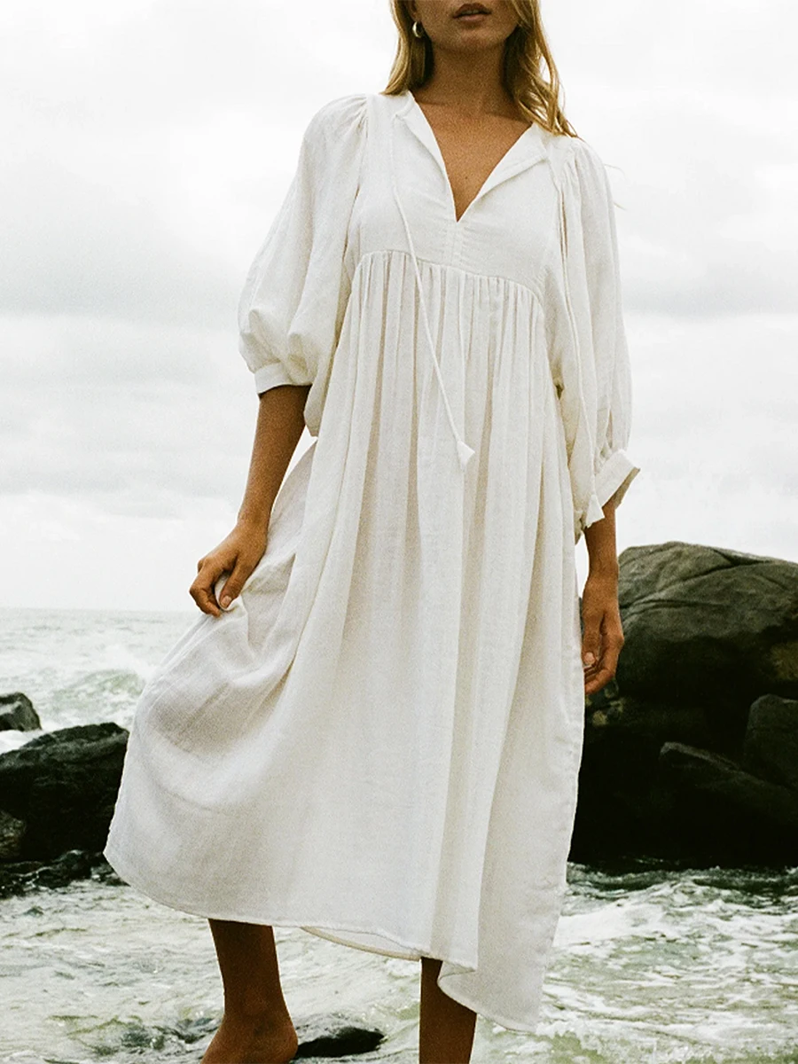 

Women'S Summer Loose Dress Solid Color 3/4 Sleeve Lantern Sleeve Dress Round Neck Front Strap and Hollow Design Front Long Dress