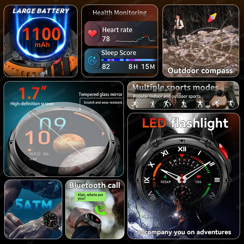 New Military Smart Watch Men Compass 1100mAh Battery Waterproof LED Flashlight Bluetooth Call Heart rate Sports Fitness Watches