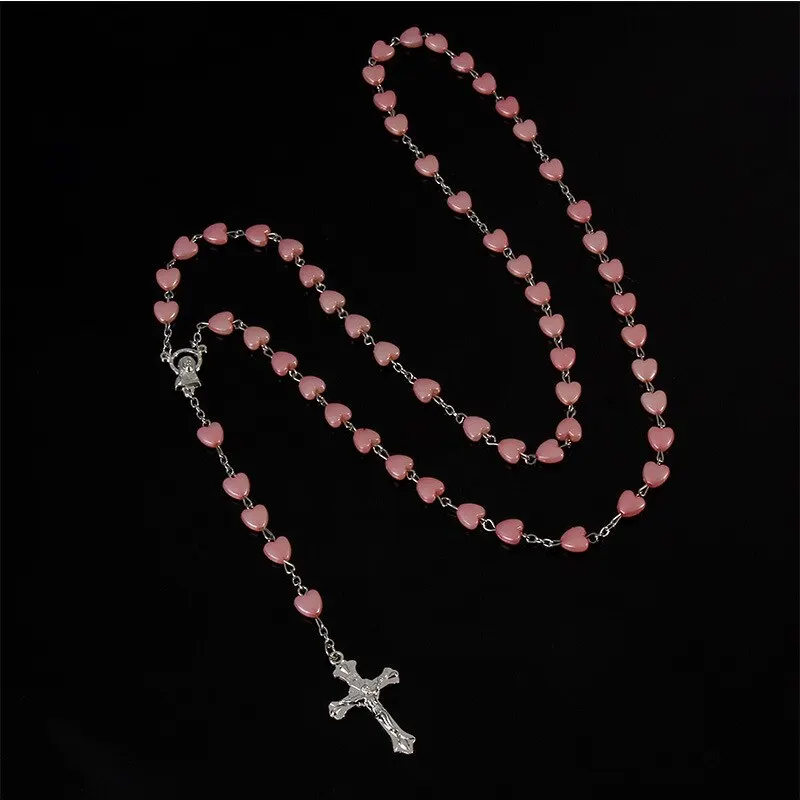 1pcs White Gold-plated Necklace Ladies Faith Cross Pink White Peach Heart Handmade Curved Needle Beads Combination Jewelry image 3