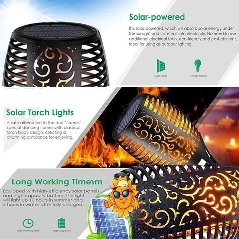 Imagem -04 - Waterproof Solar Flame Light Flickering Torch Night Lamp Decoração do Jardim Gramado Caminho Quintal Pátio ao ar Livre 96 Leds 12 Pcs 112pcs