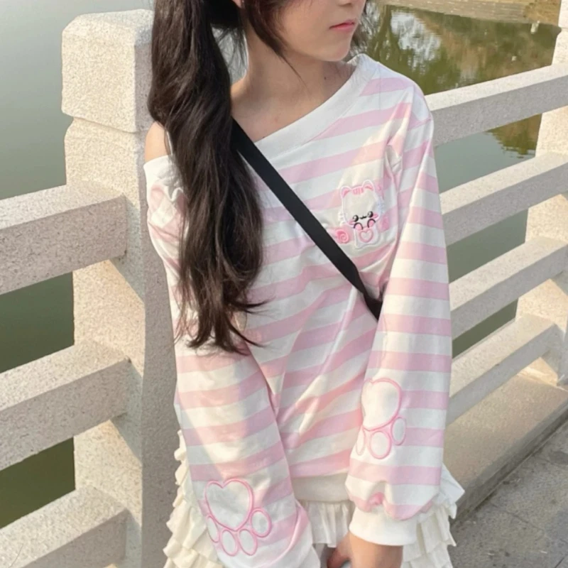 Sweet Kawaii Japanese Softgirl Off Shoulder Sweatshirt Women Pink White Stripe Cat Paw Embroidery Loose Fit Casual Daily Outfit