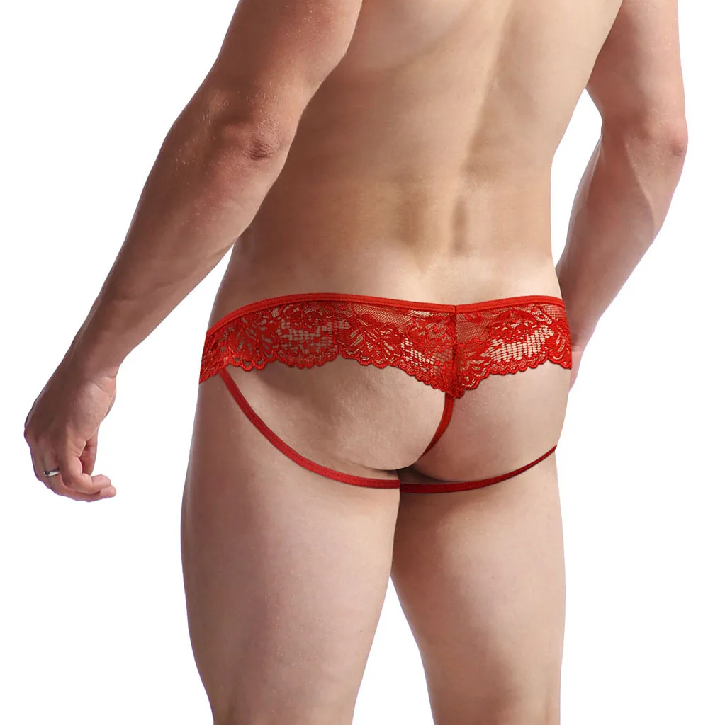 Men\'s Sexy Sheer Lace Underwear Transparent Floral Mesh Thong Erotic Panties Fetish Gay Bikini Lingerie