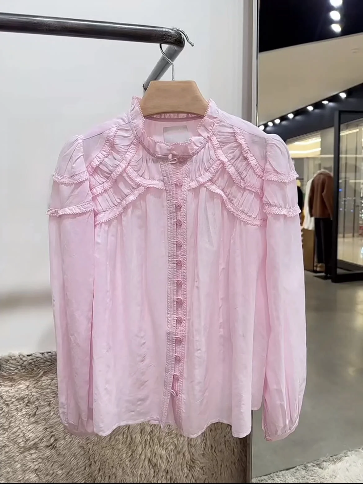 

Princess Style Long Sleeve Light Cotton Shirt Floral Lace Patchwork Earlet Trim Pink Spring Summer Anti-Aging Breathable Wome...
