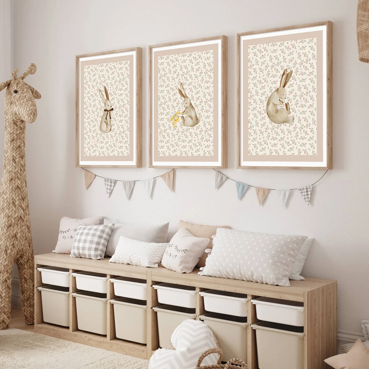 3-Piece Set of Beige Bohemian Style Forest Rabbit and Duck Wall Art Canvas Prints, Bohemian Floral Watercolor Paintings, Rabbit Wall Prints, Forest Animal Room Decor, Ideal Gift for Bedroom, Living Room, Hallway, Wall Art, Wall Decoration, Autumn Decor, Wall Decoration, Room Decoration, Frameless