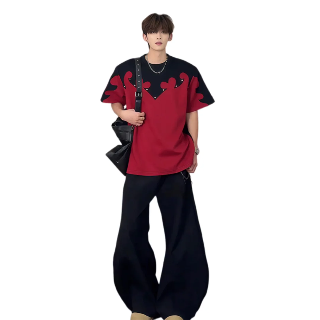 2026 Summer Men's American Style Spliced Padded Shoulder Short Sleeve T Shirt Cool Fashion Outfit T-shirt
