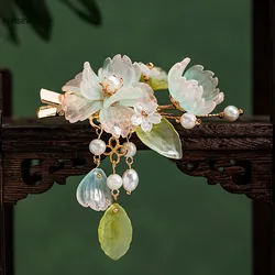 New Chinese Style Flower Hairpins Side Clips Fringe Jewelry Pendant Pearl Headpiece for Women Girls Kids Hair Accessories 1Pair
