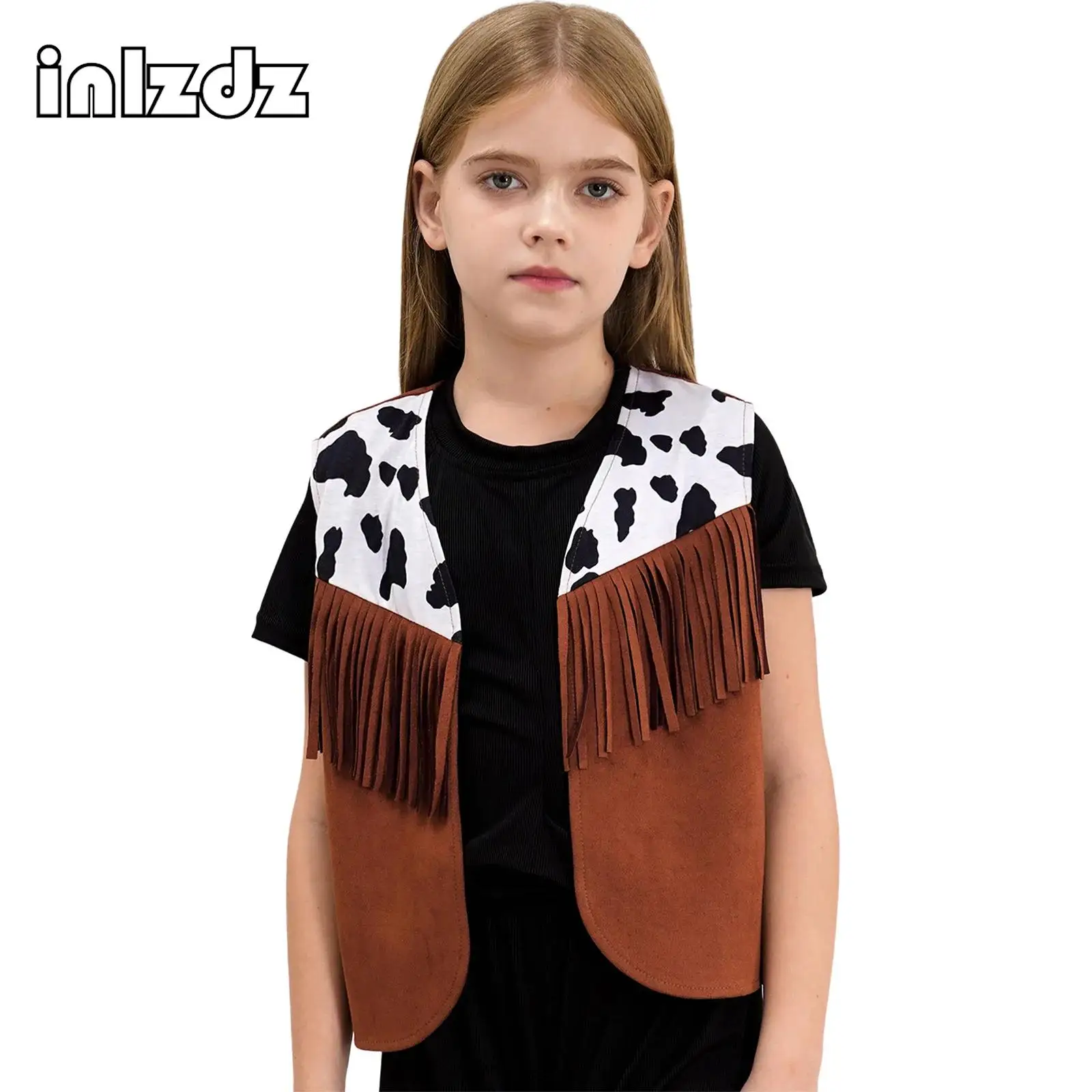 Kids Girls Halloween Cowboy Cosplay Costume Suede Tassel Open Front Vest Fringe Waistcoat for Western Cowboy Role Play