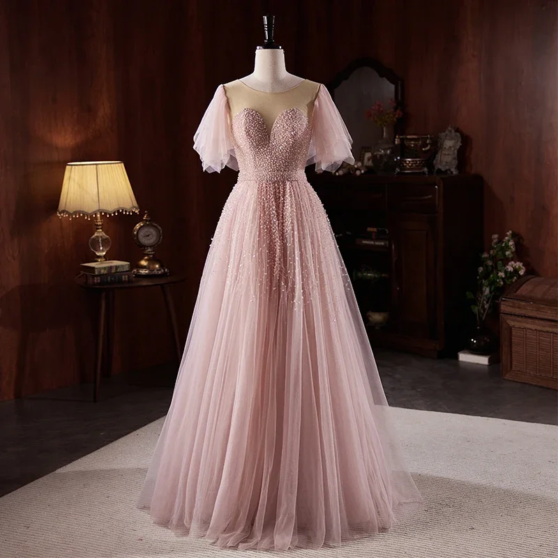 Robe de Soirée Personnalisée Rose avec Perles de Qualité, Col Rond, Manches Courtes, Longueur au Sol, à Lacets, Grande Taille, Formelle, B2739