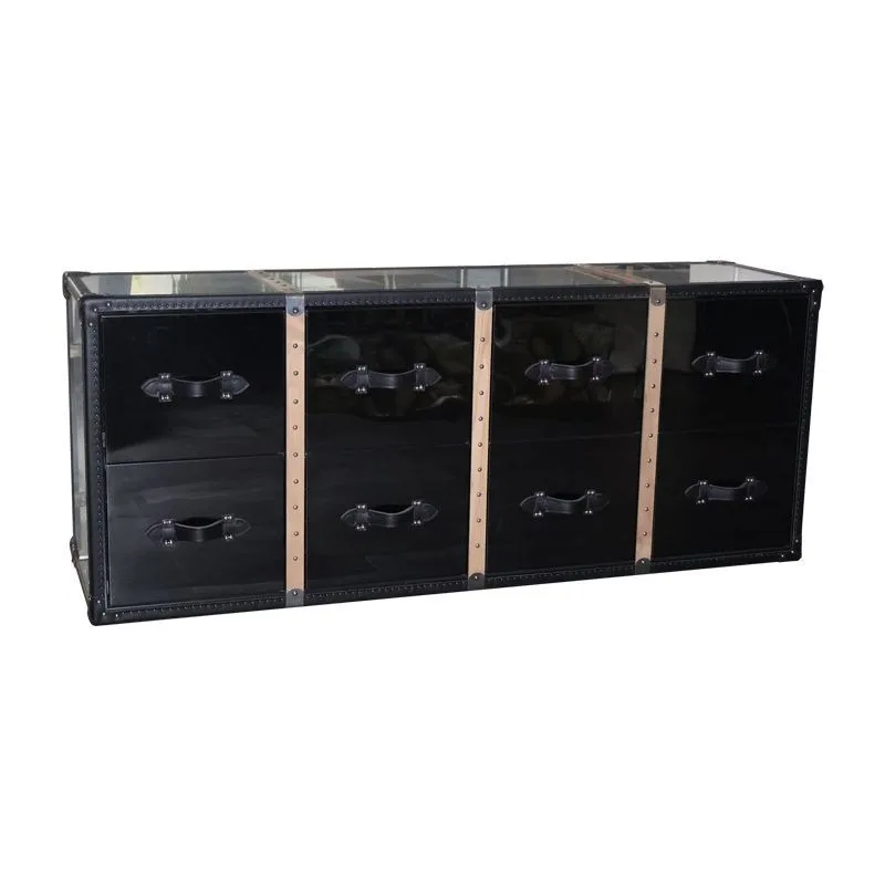 Living room cabinet, luggage type industrial metal stainless steel top solid wood frame leather entrance storage cabinet
