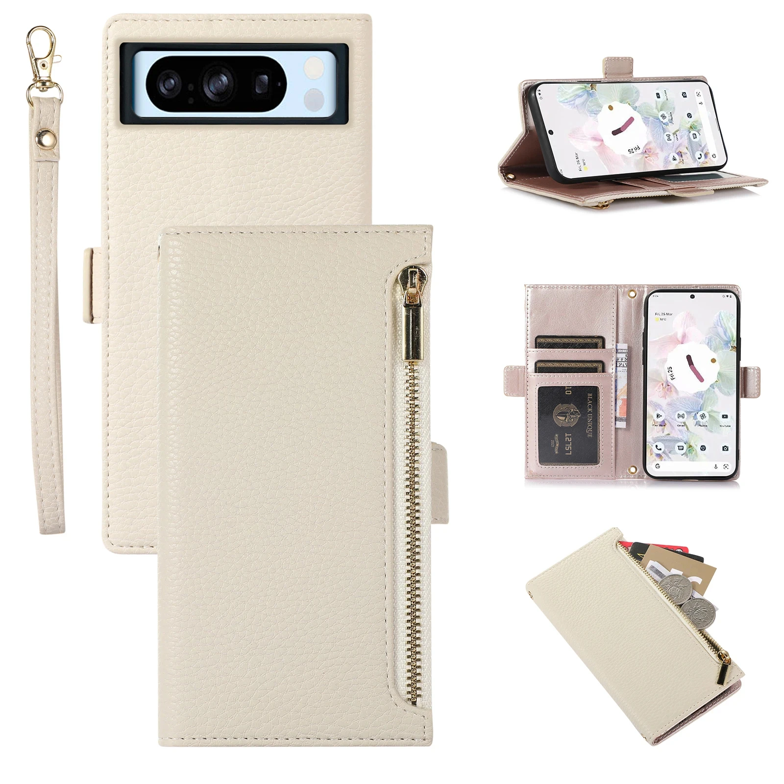 

Shockproof Litchi Leather Zipper Card Holder Wallet Case For Google Pixel 8 Pro 7A 6A 6 7, Flip Stand Phone Cover with Lanyard