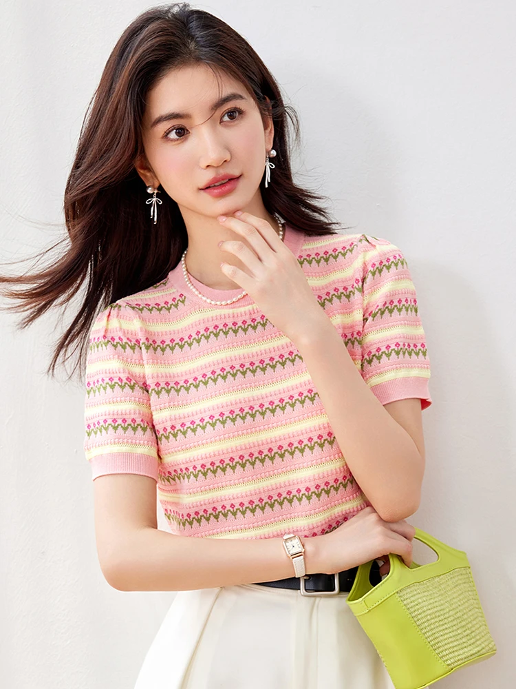 2024 New Women\'s Summer Basic Short Sleeve T-shirts Casual Versatile Slimming Round Neck Striped Knitting T-shirt Tops