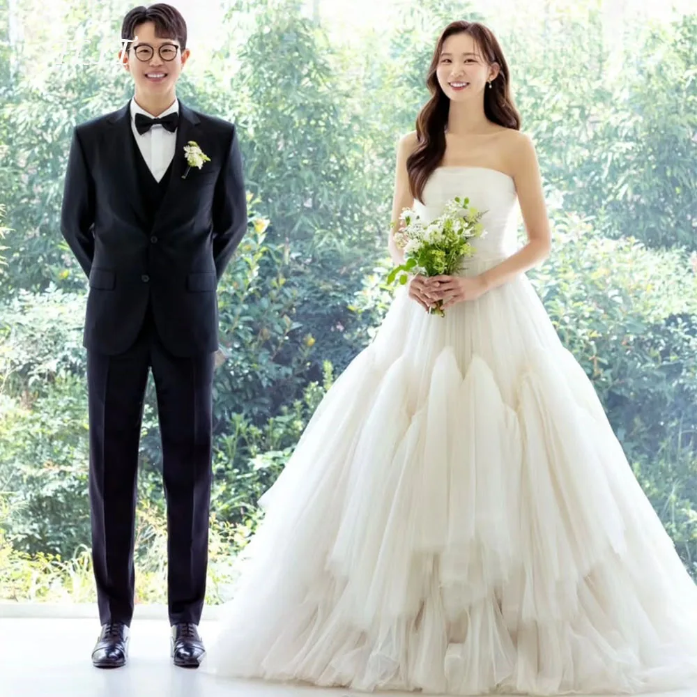 TLIT Elegant Ivory Tulle A-Line Wedding Dresses Strapless Tiered Bridal Gowns Korea Wedding Dresses Photos Shoot Customized