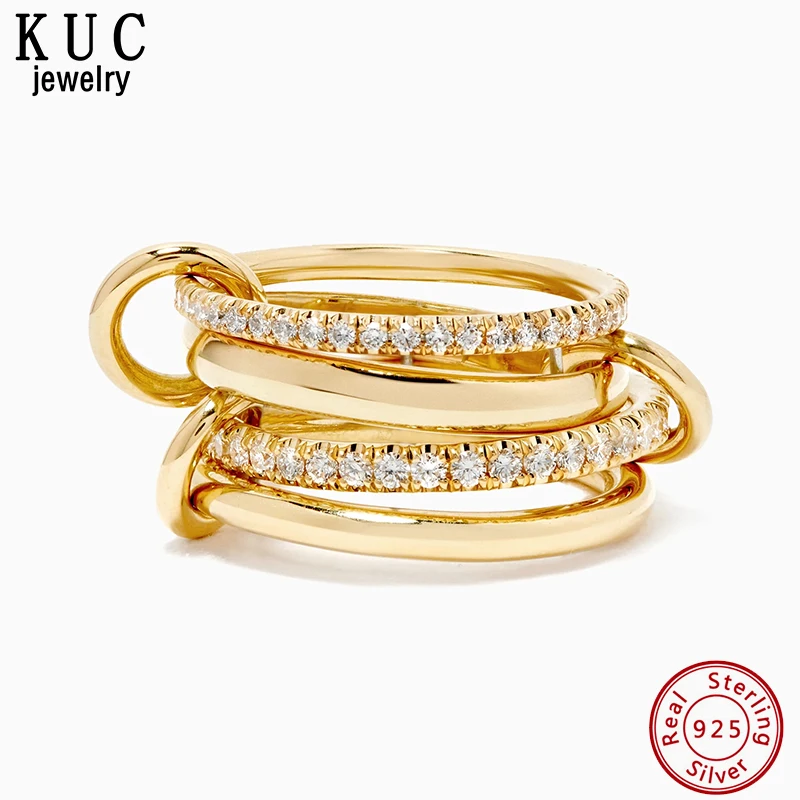 

Кольцо из серебра 925 пробы с оригинальным сертификатом, инкрустированное фианитами, многослойное, с переплетающимися звеньями, для женщин, ювелирное изделие, позолоченное.