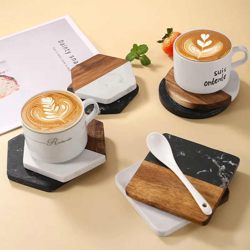 

Custom Personalized Creativity Pattern Marble Splicing Wood Coaster Featuring Insulation For Light Fashion Home Accessories Gift