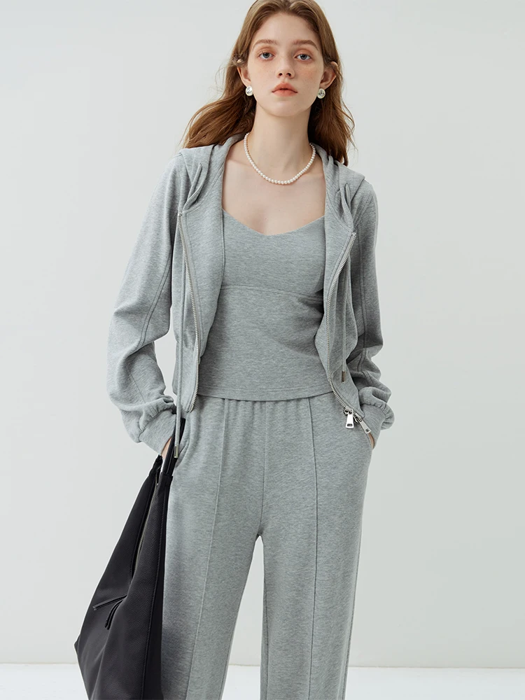 FSLE Light Grey Women Hoodie Jacket Trouser Sets Casual Drawstring Hoodie Elastic Waist Straight Leg Full Length Pant Suspenders