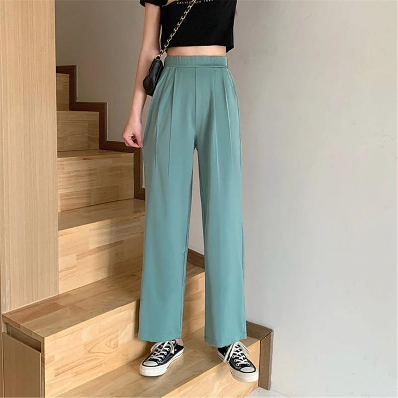 Women High Waist Suit Pants Business Work Straight Drape Trousers with Pockets 066C