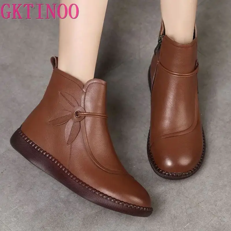 

GKTINOO 2023 Winter Genuine Leather Ankle Boots Handmade Lady Soft Flat Shoes Comfortable Casual Moccasins Side Zip Boots Mom