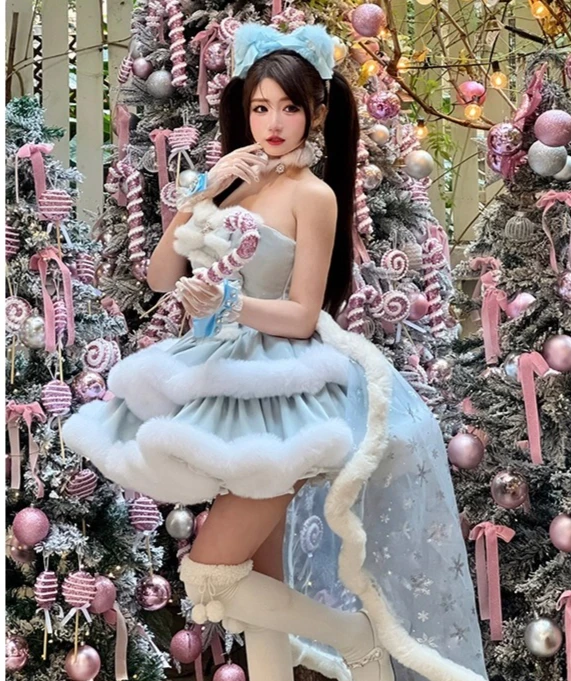 Romantisches Prinzessinnenkleid, Weihnachts-Abendkleider, Herbst-Winter, neues süßes Mädchen, schulterfrei, schmale Passform, mehrschichtiges Plüschkleid