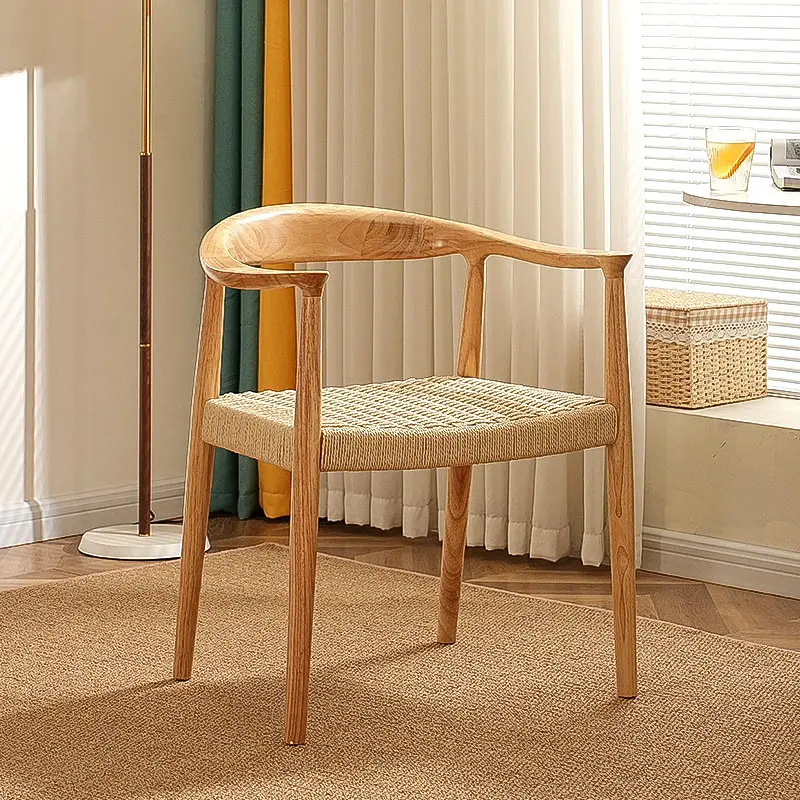 Solid wood presidential chair rope weaving household dining chair single armrest backrest manicure casual restaurant meeting neg