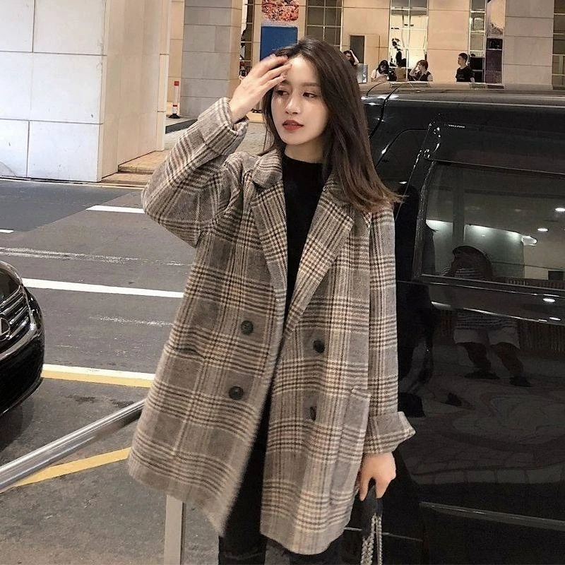 

Осень-зима 2025 года, шикарное свободное шерстяное пальто в клетку в корейском стиле для женщин, короткий женский пиджак в маленьком стиле, приятный для студентов