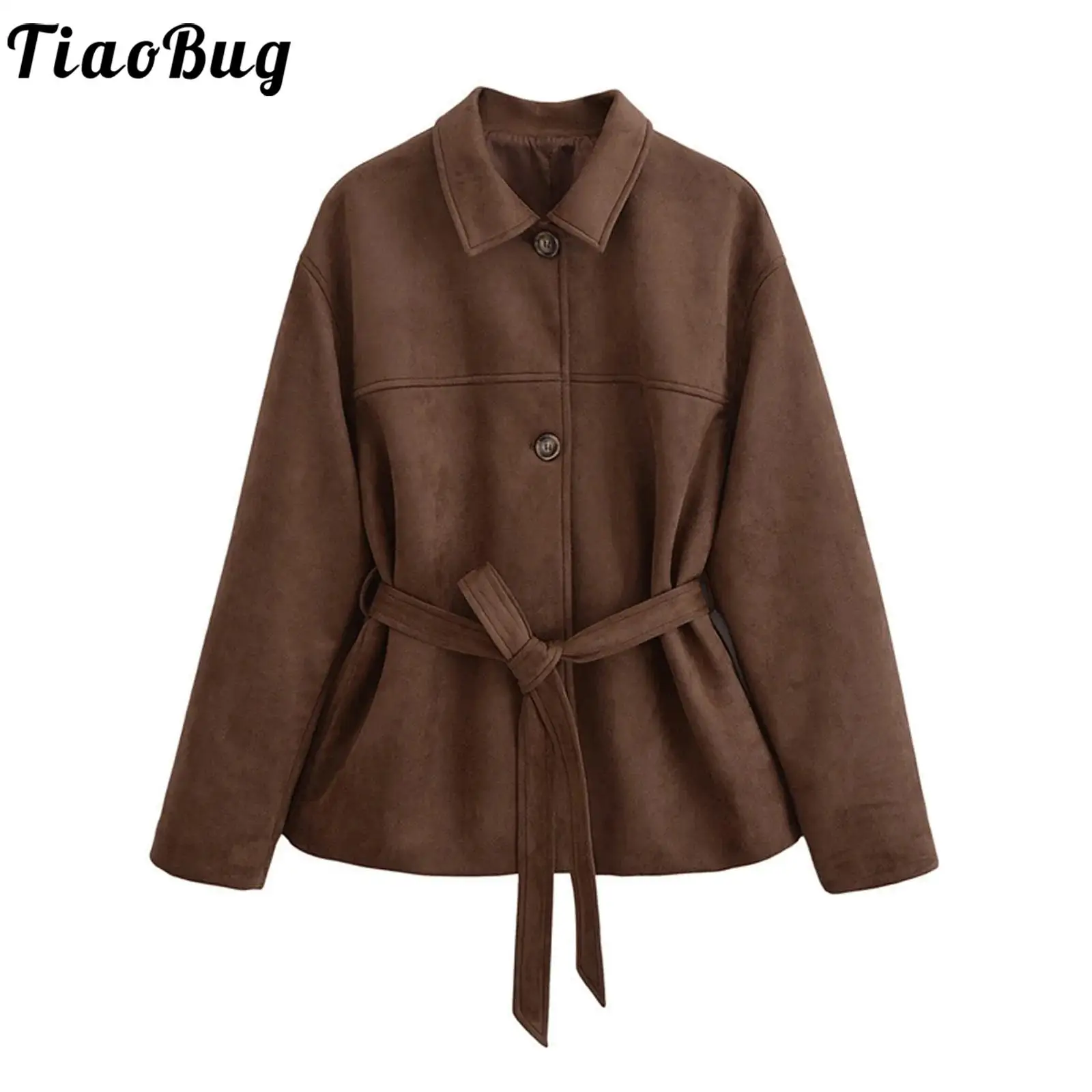 

Женская куртка из искусственной замши в стиле ретро с лацканами и длинным рукавом спереди на пуговицах с боковыми карманами и поясом, укороченная верхняя одежда, пальто на каждый день