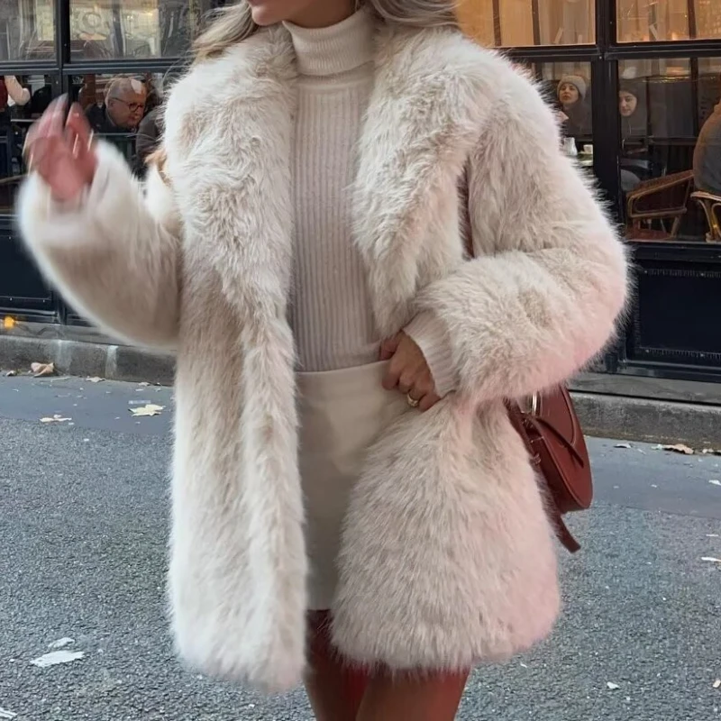 

Faux Fur Coats Women Mid Length Turn Down Collar Coat Thick Warm Y2k Streetwear Elegant Jackets Outerwear Autumn Winter 2025