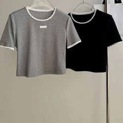 Round Neck Women T-shirt Short Sleeve k930693 Khaki Color Soft T Shit Cloth Spring Summer Runway Streetwear Elegant Elastic Knit