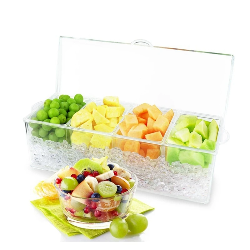 Chilled Condiment Server With 4 Separate Containers, Ice-Cooled, Includes Tray And Lids