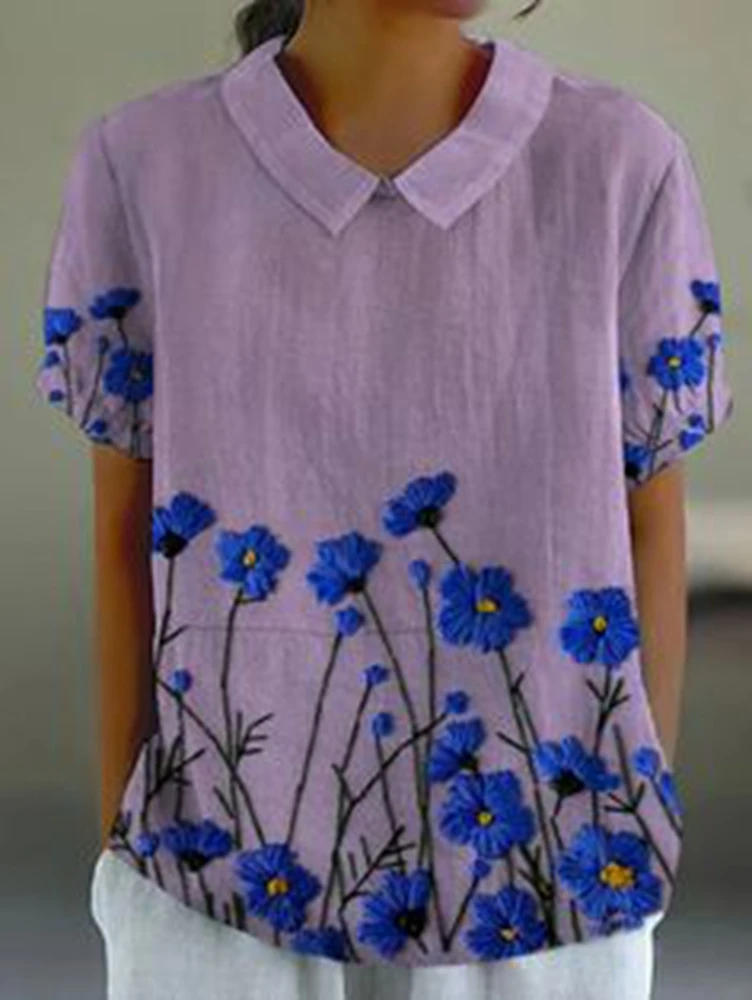 

Casual Purple Women's Top with Exquisite Blue Flower Patterns | Peter Pan Collar Design