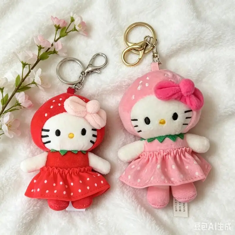 8Cm Sanrio Strawberry Cross Dressing Hello Kitty Soft Plush Fill Keychain Decorate Backpack Hanging Ornaments Girl Birthday Gift