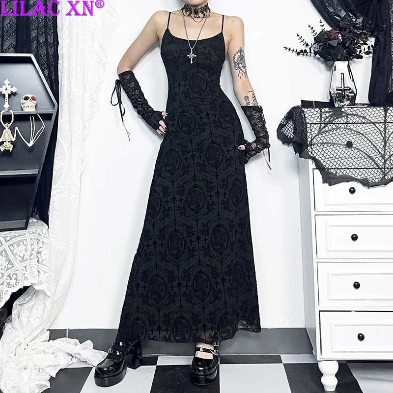 

Goth Black Flocking Backless Long Party Dresses Y2K Vintage Sexy Elegant High Slit Bodycon Midi Dress Women Summer Fashion Dress