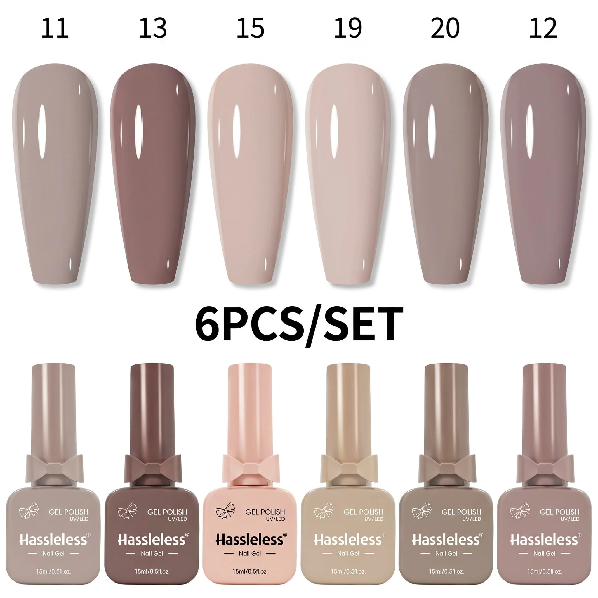 Hassleless 6-piece nude color nail gel set, 15ml large-capacity milk tea nude color nail gel, featuring gentle bean paste, gray-toned nude skin, light milk coffee, and lotus root pink nude low-saturation premium colors